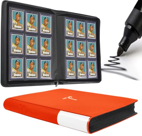 Top Loader Binder 9 Pocket, Holds 360+ Cards in 3" x 4" Toploaders, Ringless 20 Double-Sided Sleeves, Side-Loading, Spine Label with Maker Pen Toploader Binder for TCG, MTG, Sports Cards - color: Orange, size: 9-Pocket, Holds 360 Cards
