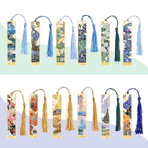 icceemee 12 Pieces of Gold Hollow Bookmarks with Tassels, Featuring Van Gogh and Monet Oil Painting Themes Perfect for Book Lovers, Writers, Readers, Children, Teenagers, Men, Women, and Adults - style: Oil Painting Themes 12