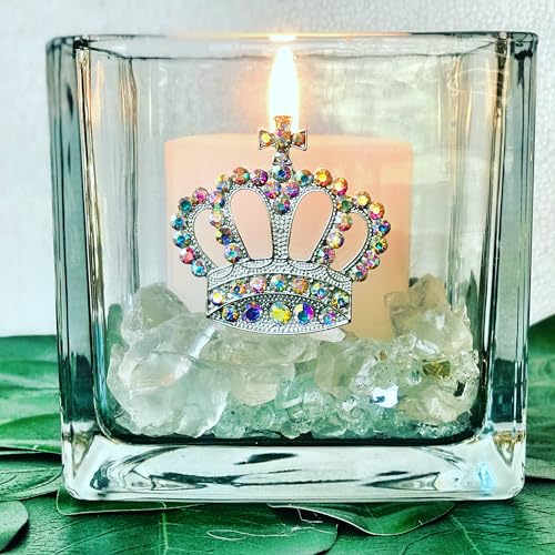 THE QUEENS' JEWELS Aurora Borealis Crown Jeweled 4x4 Candle Holder Vase - Unique Gift for Women, Birthday, Cute, Fun, Cocktail, Queen, Not Painted, Decorated, Bling, Bedazzled, Rhinestone - color: Aurora Borealis Crown