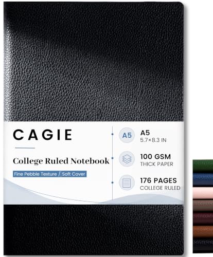 CAGIE College Ruled Journal for Men & Women, Softcover A5 Leather Notebook - color: Black, size: 1 Pack