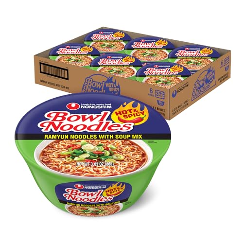 Nongshim Ramen Noodles, Gourmet Instant Ramen bowl, Premium Microwavable Noodle Soup, Hot & Spicy, 3.03 Ounce (Pack of 6) - size: 3.03 Ounce (Pack of 6)