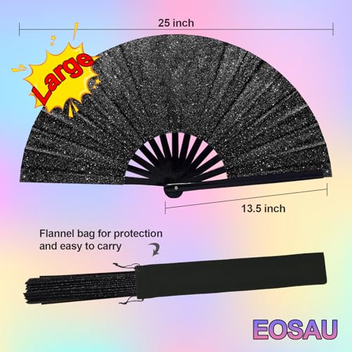 EOSAU Large Glitter Rave Fan, Folding Hand Fans for Line Dancing, Black - color: 13" Black 01