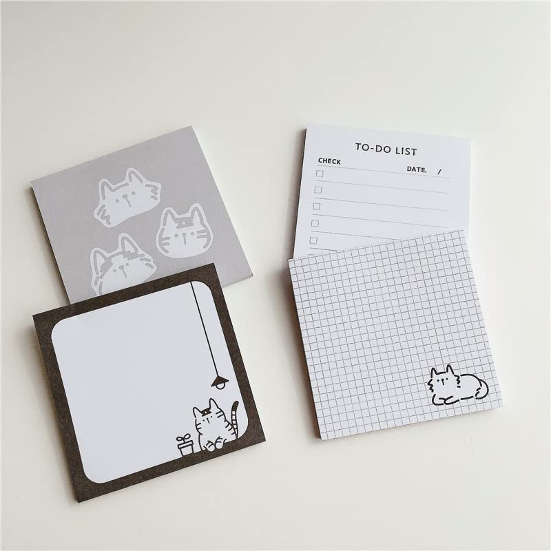 1/4 Pack 3 in. x 3 in. 50 Sheets Sticky Notes，Cartoon Cat Message Paper Memo Pads,Nom-Self-Stick Pads for Home Office (Grid)