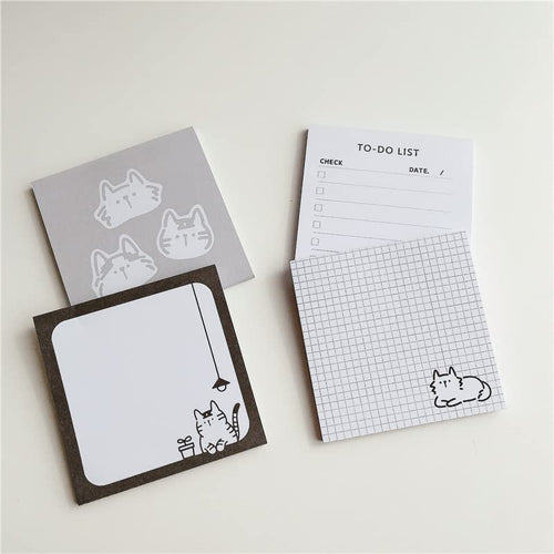 1/4 Pack 3 in. x 3 in. 50 Sheets Sticky Notes，Cartoon Cat Message Paper Memo Pads,Nom-Self-Stick Pads for Home Office (Grid)