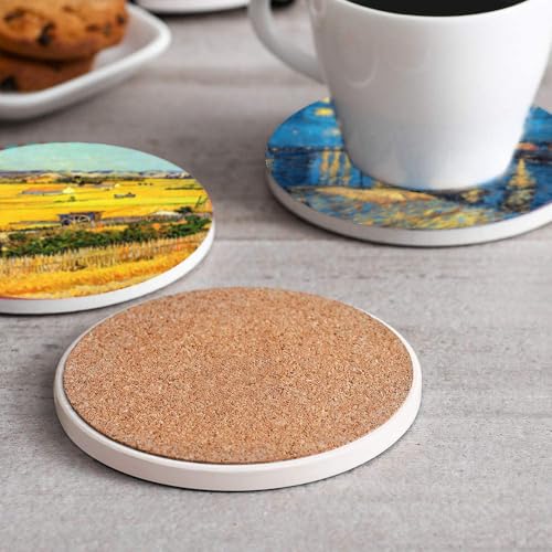 4inch Round Art Painting Style Marble Coaster with Storage Rack 8pcs - color: Van Gogh