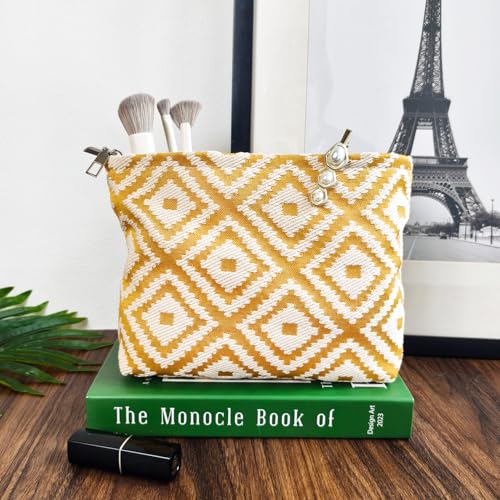 STARDW Parallel Checkered Makeup Bag Travel Cosmetic Pouch for Women - color: Embroidery Yellow