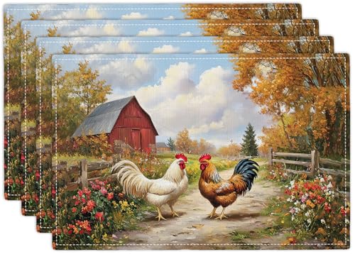 Farmhouse Rooster Placemats Set of 4, Farm Chicken Place Mats, Rustic Farm Coop Waterproof Washable Table Mats for Home Party Indoor Kitchen Dining Table Decoration 12x18 Inch - color: Rooster, size: Set of 4