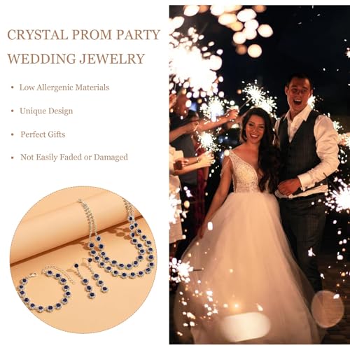 HUASAI Silver Wedding Jewelry Sets for Brides Rhinestone Necklace Earrings Bracelet Set Guest Dress Accessories Bridal Jewelry Formal Wedding Prom Party - color: A:blue bride jewelry set