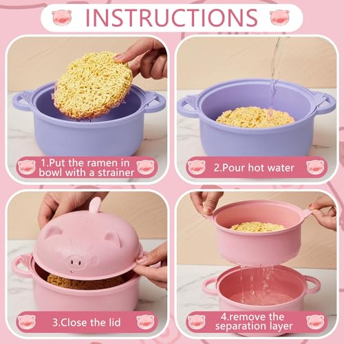 2 Sets Large 45oz Cute Pig Ramen Bowl Set Microwavable Pink, Purple - color: Pink,Purple