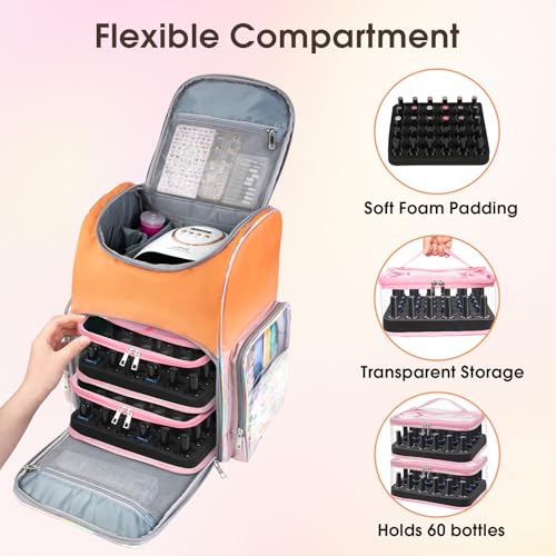 Nail Polish Organizer Bag Large Nail Polish Storage Organizer Case Backpack Holds 60 Bottles and Nail Lamp with 2 Removable Case Professional Nail Supplies Organizer for Manicurist - color: 9.Orange Pink