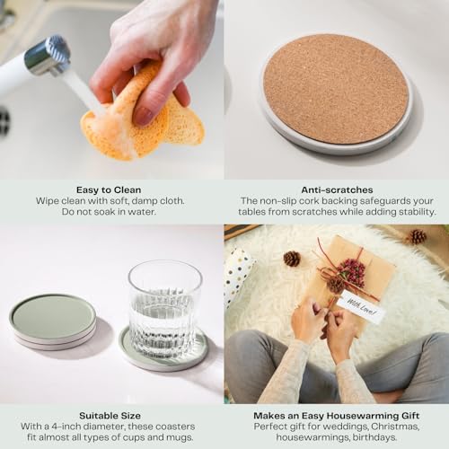 Set of 6 Sage Green Coasters with Holder, Absorbent Ceramic Drink Coasters with Cork Backing for Table Protection, Table Decor, Housewarming Gifts - color: Sage Green