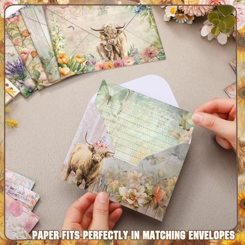 TaoBary 160 Pcs Floral Highland Cow Stationery Paper and Envelopes Set - size: 5.5 x 8.25 Inch, style: Floral Highland Cow