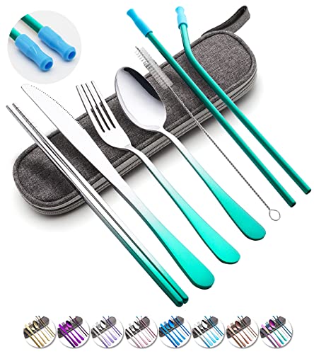 Travel Utensils Set with Case Reusable Portable Cutlery Set Stainless Steel 8pcs Including Dinner Knife Fork Spoon Chopsticks straws(Gradient Green) - color: Gradient Green