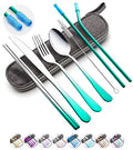 Travel Utensils Set with Case Reusable Portable Cutlery Set Stainless Steel 8pcs Including Dinner Knife Fork Spoon Chopsticks straws(Gradient Green) - color: Gradient Green