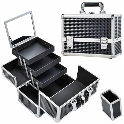 Joligrace 3-Tray Makeup Case with Mirror & Brush Holder, 11.6" Shine Black - color: Classy Black