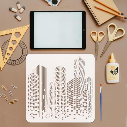 FINGERINSPIRE Skyscraper Stencil with Paint Brush 11.8x11.8inch Reusable City Buildings Drawing Template Tall Buildings Stencil Large Modern Cityscape Template for DIY Crafts Furniture Wall Decor - style: Skyscraper