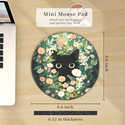 Hancynir Black Cat Round Mouse Pad, Small Mousepad for Laptop Desk Office - color: Cute Flower Cat