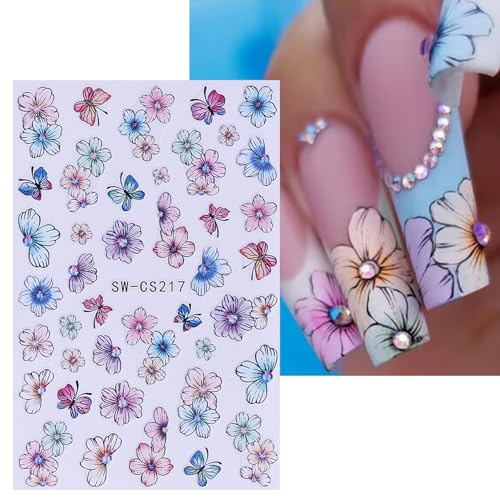 Flower Stickers for Nail Art Decals - 12 Sheets Spring Butterfly Nail Stickers with Tweezers 3D Floral Leaves Plant Nail Art Designs DIY Self Adhesive Daisy Blossom Nail Supplies Decorations - style: Flower Styles