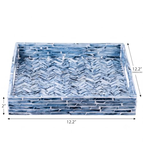 PEMAR Mother of Pearl Square Tray 12x12, Smoky Blue Herringbone Tray - color: Midnight Blue Herringbone