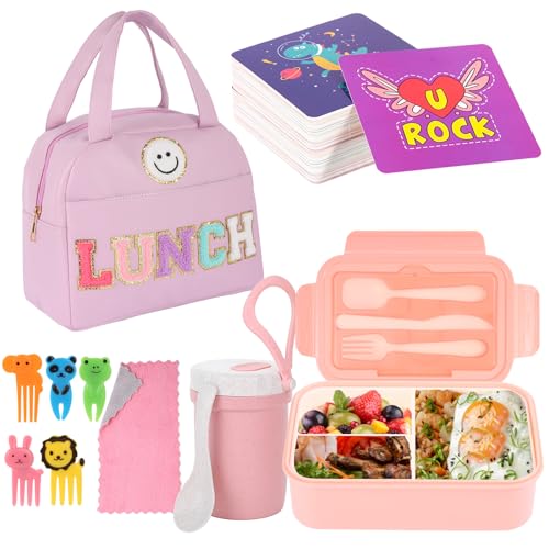 77 Pieces Bento Box Lunch Box Kit Large Pink Insulated Lunch Bag 3 Layer Stackable Leakproof Lunch Box Containers with Cup,Lunch Bag,Spoon,Fork,60 Pieces Lunch Box Notes for Girl Women (Purple) - color: Purple