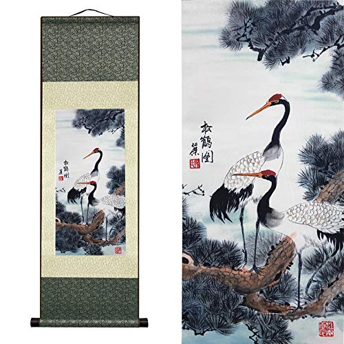 AtfArt White Crane Silk Scroll, Asian Wall Art, 36.2x12in - color: B2