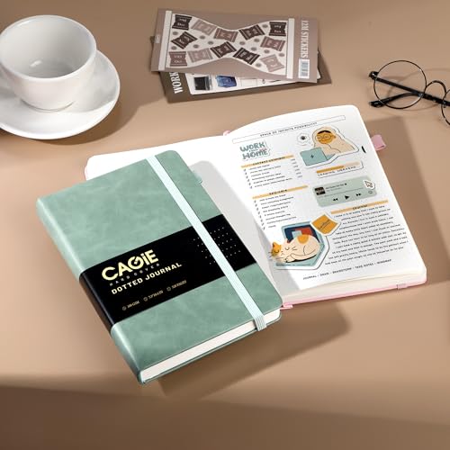 CAGIE Bullet Dotted Journal Notebook 320 Pages 100 GSM Paper Hardcover B5 Dot Grid Notebook Leather Journals for Writing Women Men Work Journaling, Green - color: Green, style: Dotted B5