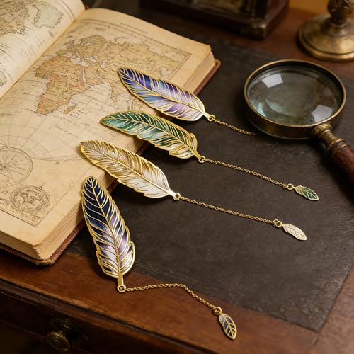 4Pcs Fantasy Feather Bookmarks for Books, Metal Bookmark with Chain, Unique Reading Accessories for Women Book Lovers, Teachers, Students - style: 4Pcs Feather
