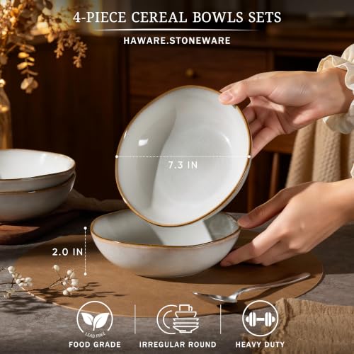 HaWare Cereal Bowls, 26oz Stoneware Serving Bowls Set of 4, for Salad Pasta - color: Reactive Pearl White
