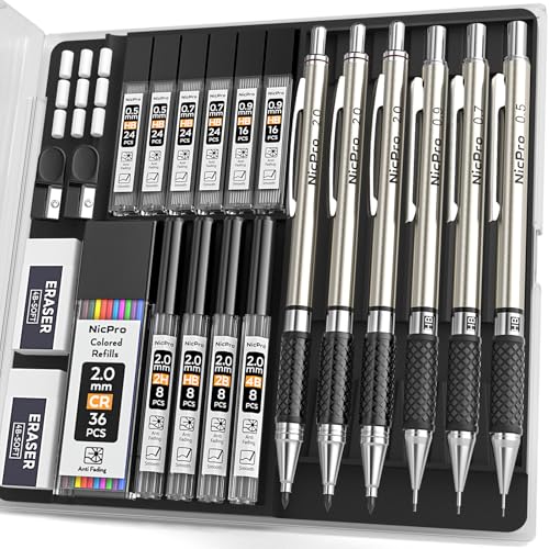 Nicpro Art Mechanical Pencil Set in Storage Case, Metal Drawing Pencil 6PCS - style: 6 Pack (0.5mm+0.7mm+0.9mm+2.0mm)