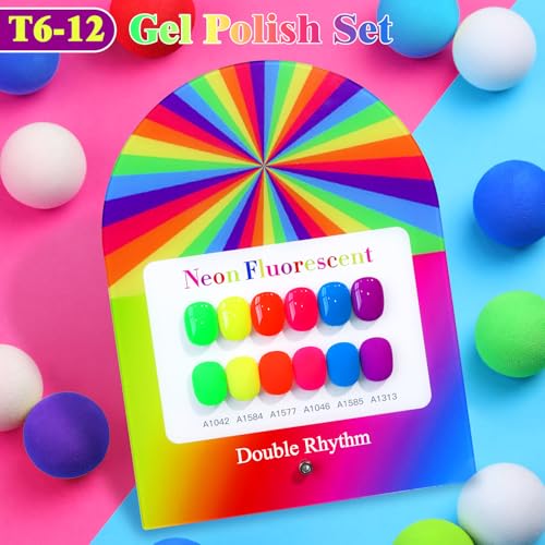 Double Rhythm 6 Pcs 15 ML Gel Polish Set Same Color Same Bottle Soak Off Gel Polish Kit Nail Art Manicure Salon DIY at Home for Women (Neon Green Red Pink Blue Purple-T6-12) - color: Neon Fluorescent