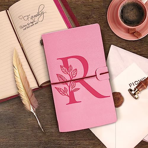Personalized Journal Gift-Pink Initial Leather Journal+Heart Diamond Pen Set,Travel Notebook Diary Gifts,Refillable Notepads,Christmas,Birthday Gifts for Women Girls (7.9"x4.7") (R) - style: R