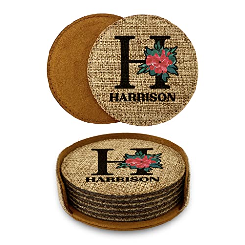 Smile Art Design Family Monogram CUSTOM COASTER Set of 6 with base Round Burlap Material Family Name Personalized Prints Personalized Gifts House warming Wedding Gift Living Room Rustic Decor Style6 - color: Style 06, size: Set of 6 - Round Coaster
