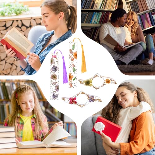 4 Pcs Book Page Holder, Dried Flower Thumb Book Page Holders for Reading, Transparent Floral Resin Bookmarks Holder with Tassels, Reading Accessories for Book Lovers Students Teachers