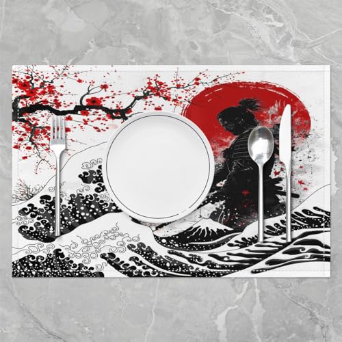 Feelyou Japanese Samurai Placemats Set Set of 4 18"x12" - color: Red and Black