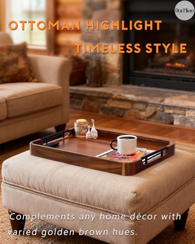 22-in Acacia Wood Ottoman Serving Tray with Handle, Rounded Corner