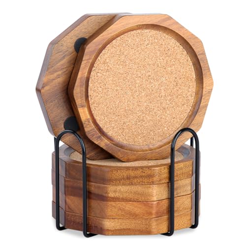 Wood Cork Coasters for Drinks Absorbent with Holder, 4.33in Decagonal Shape Acacia Wood Coaster Set Drink Coasters for Cups, Mugs, and Glasses - Handcrafted, Durable, and Stylish - color: Cork