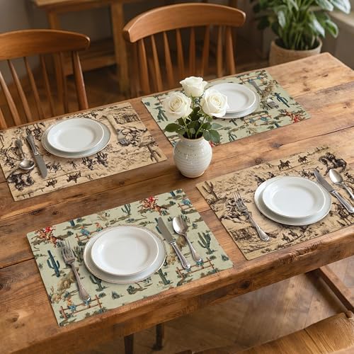 Western Table Placemats Set of 4 Place Mats Linen Wipeable Placemats Waterproof Rectangle Table Mat for Kitchen Dining Dinner 18 X 12 Inch - color: Western