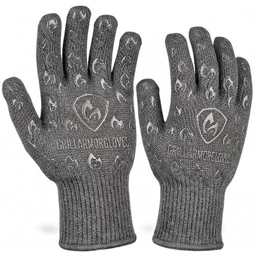 Oven Gloves with Fingers - 932°F Extreme Heat Proof and Cut Resistant Mitts for Kitchen, BBQ, Grill, Baking, Fire Pit - EN407 Certified with Non-Slip Silicone Grip and Cotton Lined for Comfort - color: Gray, size: Small Standard Cuff