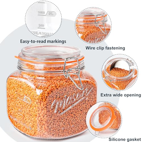 Half Gallon Mason Jar with Hinged Lid, 2 Pack Glass Canister, 64 Oz - color: 64oz-Square-2 Pack-Hinged Lid
