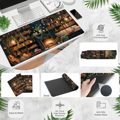 Large Mouse Pad Cozy Library, Extended Full Desk Mouse Mat Gaming Desktop Pad, Computer Keyboard Mat XXL, Vintage Office Decor Desk Laptop Cover Mat Big, Aesthetic Desk Accessories 31.5x15.7 Inch - color: Boho & Fireplace