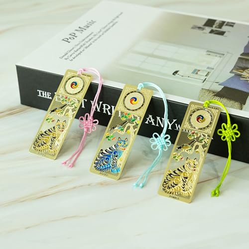 Korean Bookmark Set 3 Pack with Tassels Blue and Gold Metal Page Holder Reading Accessories for Book Lovers Cute Bible Bookmark Gift 1x3 Inch (Gold Tiger) - color: Gold Tiger