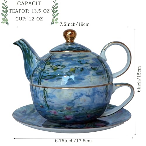 Porcelain 13 OZ Tea for One Teapot and Cup Set Vintage Floral Ceramic Tea Set European Style Tea pot and Saucer Set (Water Lily) - color: Water Lily