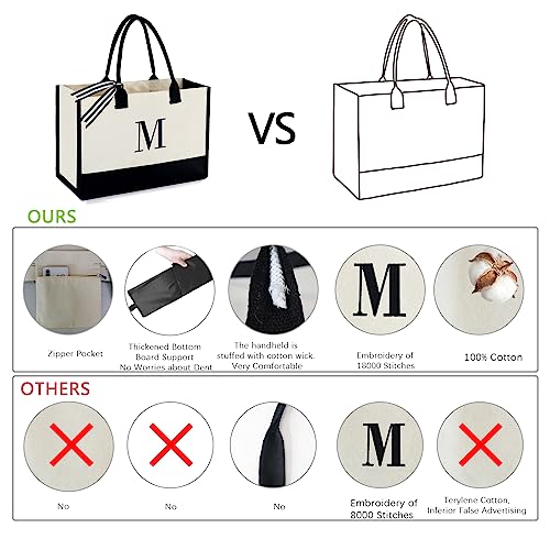 BeeGreen Embroidery Monogram Initial Tote Bag for Women Teacher Mom Friend Personalized Gift for Birthday Beach Work Wedding - color: Natural & Black, style: C