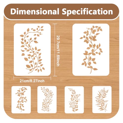 6Pcs Vine Leaves Wall Stencil Templates 11.7 x 8.3 Inch Reusable Plastic Plant Art Stencils for Painting on Wood Wall Floor Tile Fabric Glass Furniture, Flower DIY Home Decor Or Craft Stencil - style: Vine B