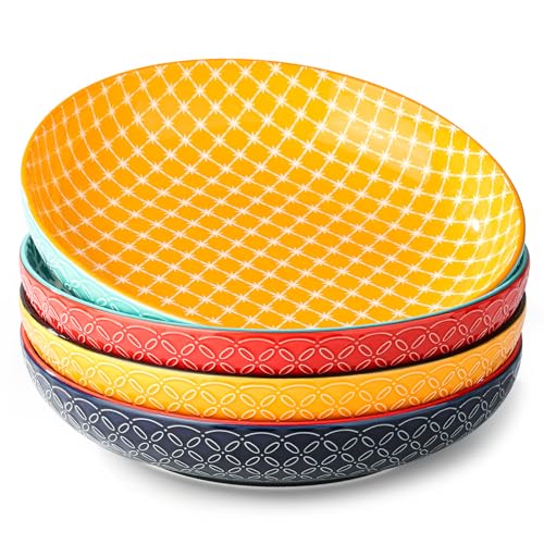 DOWAN 10" Vibrant Pasta, Salad & Soup Serving Bowls Set of 4, Embossed Large Porcelain Ceramic, Microwave & Dishwasher Safe, Bonita Design Dinnerware Dishes for Daily Dining, Family Gatherings, Party - size: 10 IN