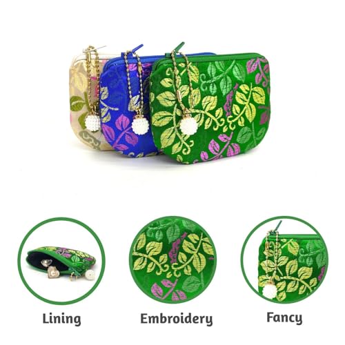 Handmade Women Coin Purse Brocade Zipper Wallet Rosary Pouch Silk Jewelry Bag - GreenPro - color: GreenPro