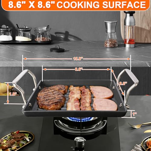 8.6 Inch Stove Top Cast Iron Grill Pan, Medium Pre-Seasoned Ribbed Skillet - size: 15.8" x 8.6" x 1"