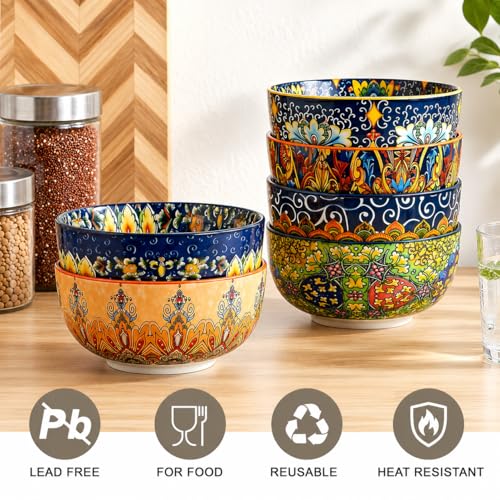 Cereal Bowls Set of 6, Bohemian Ceramic Soup Bowls, 28 oz Colorful Bowls Set for Kitchen, Dishwasher & Microwave Safe for Salad, Pasta, Rice, Oatmeal, Fruit
