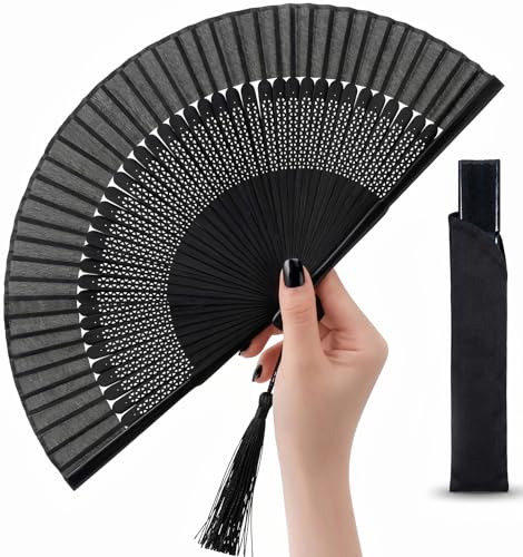 Japanese Folding Hand Fan for Women - Bamboo Silk Handheld Foldable Fan with Tassel & Pouch for Hot Flashes, Rave, Church, Gift,Wedding - Whisper-Quiet, Purse Size (Bamboo Black) - color: Bamboo Black