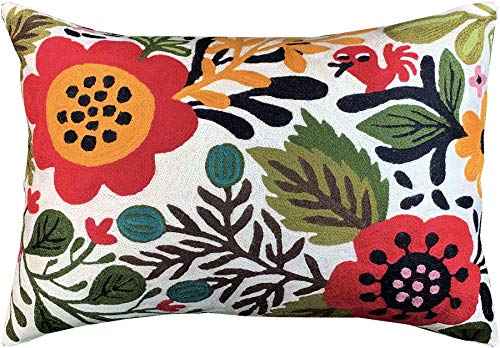 Lumbar Cushion Cover Hand Embroidered Wool 13x21 (Red Floral Lumbar Pillow Cover) - color: Red Floral Lumbar Pillow Cover